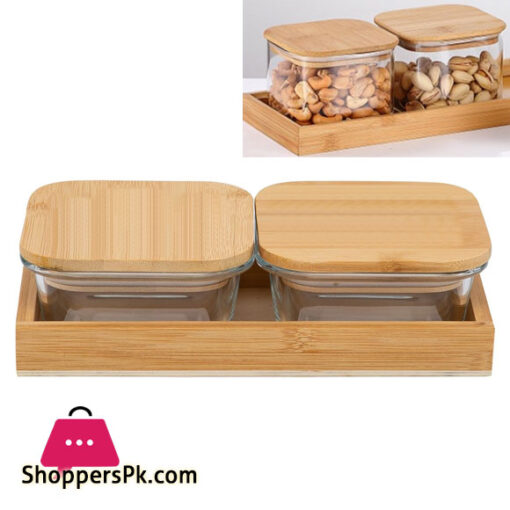 2 Pcs Square Clear High Borosilicate Glass Airtight Dryfruit Jar Set With Wood Tray Serving Tray