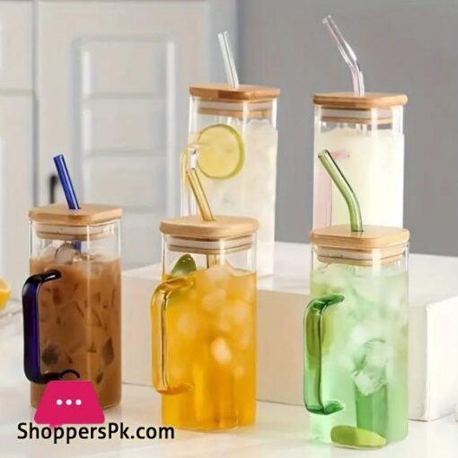 New Fancy Attractive 400ML Square Straw Mug Glass Cup with Stylish Handle Straw and Bamboo Lid for Hot Cold Drinks