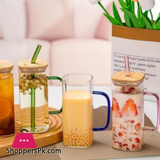 New Fancy Attractive 400ML Square Straw Mug Glass Cup with Stylish Handle Straw and Bamboo Lid for Hot Cold Drinks