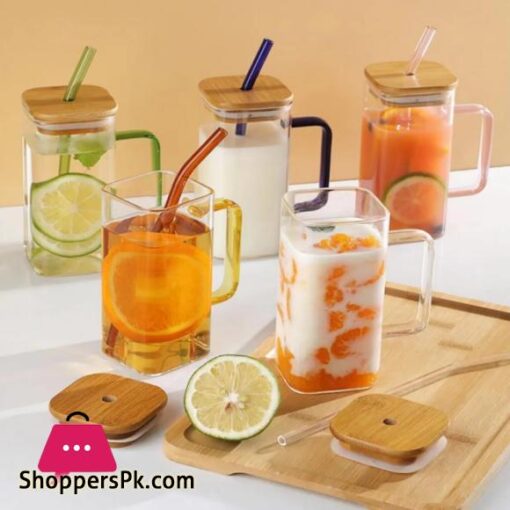 New Fancy Attractive 400ML Square Straw Mug Glass Cup with Stylish Handle Straw and Bamboo Lid for Hot Cold Drinks