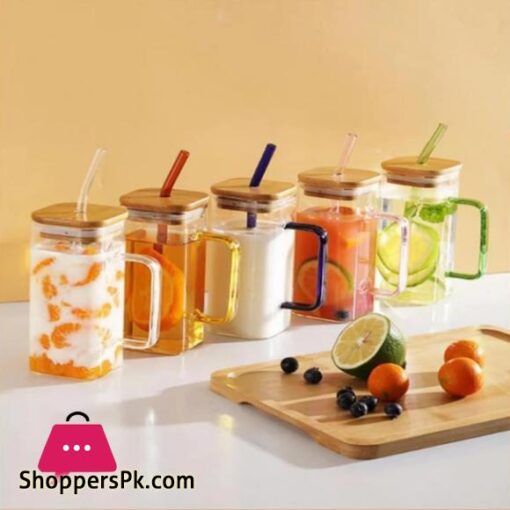 New Fancy Attractive 400ML Square Straw Mug Glass Cup with Stylish Handle Straw and Bamboo Lid for Hot Cold Drinks