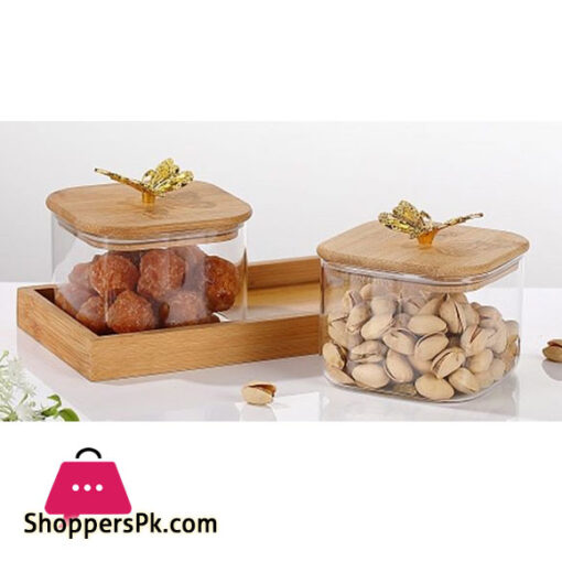 2 Pcs Square Clear High Borosilicate Glass Airtight Dryfruit Jar Set With Wood Tray Serving