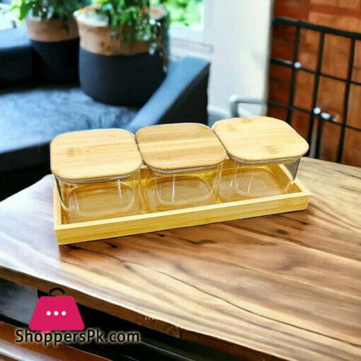 3 Pcs Square Clear High Borosilicate Glass Airtight Dryfruit Jar Set With Wood Tray Serving Tray