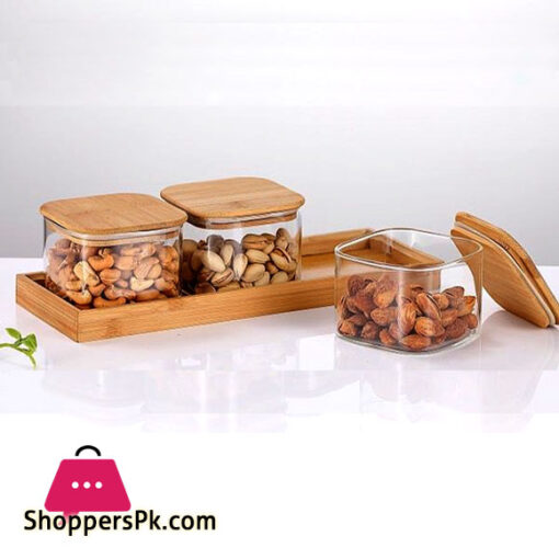 3 Pcs Square Clear High Borosilicate Glass Airtight Dryfruit Jar Set With Wood Tray Serving Tray