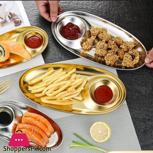 304 Stainless Steel Oval Shaped Dumpling Plate With Sauce portion Gold 20