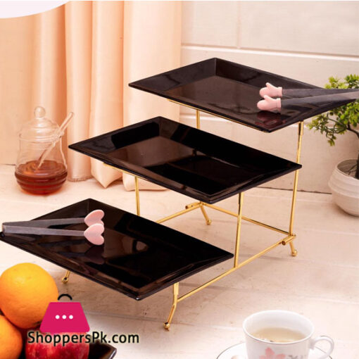 KING 3Pcs Black Melamine Platter Set Medium With Golden Stand KT20