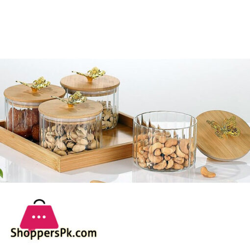 4 Pcs Round Butterfly Top Clear High Borosilicate Glass Airtight Dryfruit Jar Set With Wood Tray Serving Tray Set