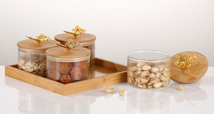 4 Pcs Round Butterfly Top Clear High Borosilicate Glass Airtight Dryfruit Jar Set With Wood Tray Serving Tray Set