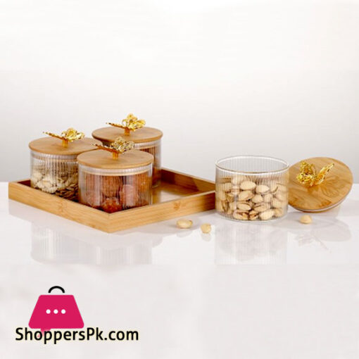 4 Pcs Round Butterfly Top Clear High Borosilicate Glass Airtight Dryfruit Jar Set With Wood Tray Serving Tray Set