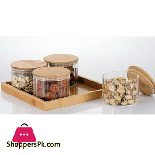 4 Pcs Round Ribbed High Borosilicate Glass Airtight Dryfruit Jar Set With Wood Tray Serving Tray Set