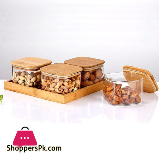 4 Pcs Square Clear High Borosilicate Glass Airtight Dryfruit Jar Set With Wood Tray Serving Tray