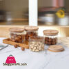 4 Pcs Round Bamboo Top Clear High Borosilicate Glass Airtight Dryfruit Jar Set With Wood Tray Serving Tray Set