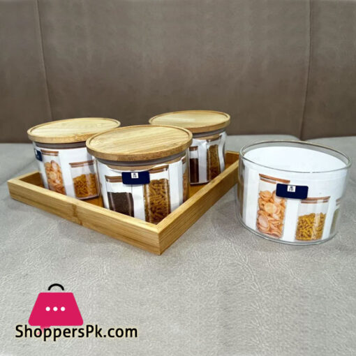 4 Pcs Round Bamboo Top Clear High Borosilicate Glass Airtight Dryfruit Jar Set With Wood Tray Serving Tray Set