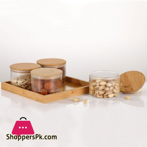 4 Pcs Round Clear High Borosilicate Glass Airtight Dryfruit Jar Set With Wood Tray Serving Tray Set