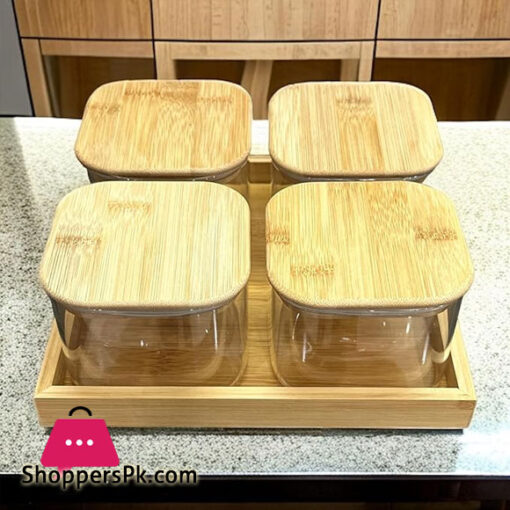 4 Pcs Square Clear High Borosilicate Glass Airtight Dryfruit Jar Set With Wood Tray Serving Tray