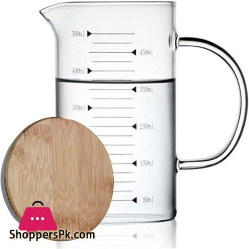 Techmanistan Measuring Glass Jug with Handle Wooden Lid Glass Measuring Jug Glass Measuring Cup with Scale Measure