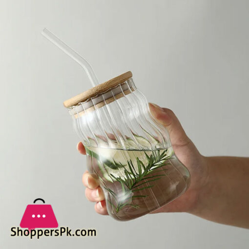 Jar Shaped Glass Drinking Cup with Lid and Straw Juice Glass Milk Cup Home Coffee Cup Breakfast Mug Beverage Container 500ml