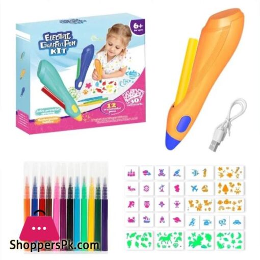 Kids Electric Graffiti Pen Set Magic Spray Washable Art Painting Markers Airbrush BlowPen Rechargeable 4 Stencils Doodle Drawing