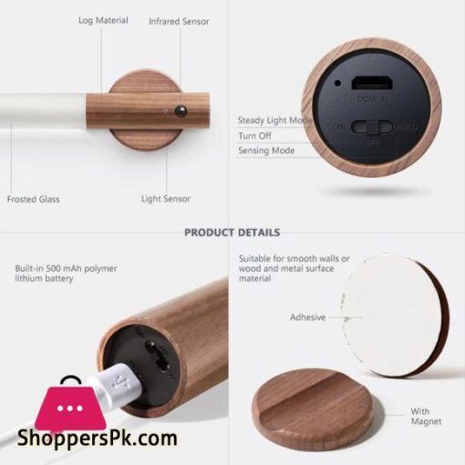 LED Wood Night Light PIR Motion Sensor Magnetic Wall Lamp USB Rechargeable Lights Home Staircase Bedroom Lamp Bedside Lighting