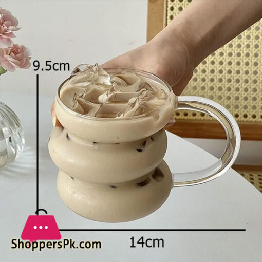 Wave Shape Borosilicate Layered Glass Cup with Handle Drinking Glass for Dessert Dinner Fruit Juice Hot Chocolate Milk 450ML