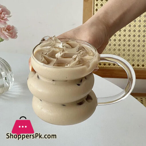 Wave Shape Borosilicate Layered Glass Cup with Handle Drinking Glass for Dessert Dinner Fruit Juice Hot Chocolate Milk 450ML