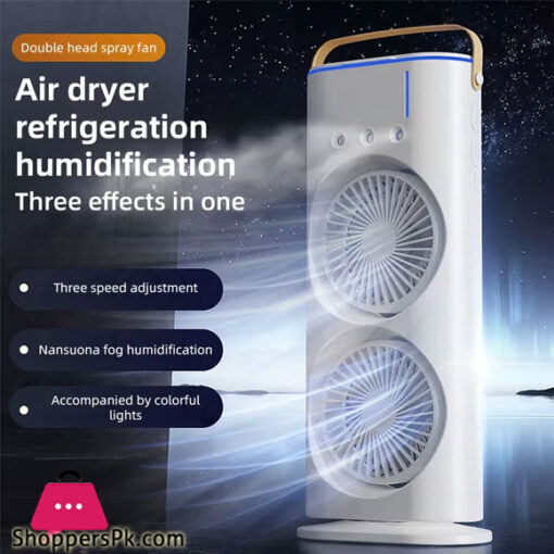 Dual-Head Mist Tower Fan Rechargeable Desktop Humidifier with 3 Wind Speeds for Home Office Travel Camping