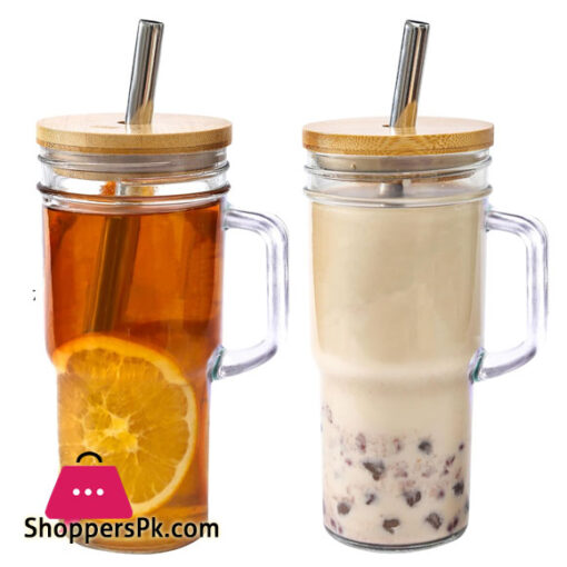 Glass Cup with Handle Glass Cup with Bamboo Lids and Straw