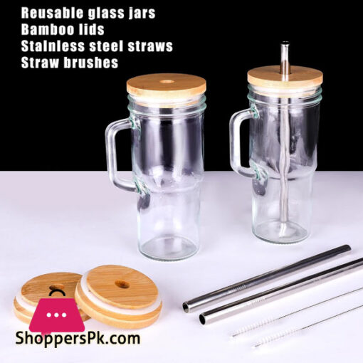 Glass Cup with Handle Glass Cup with Bamboo Lids and Straw