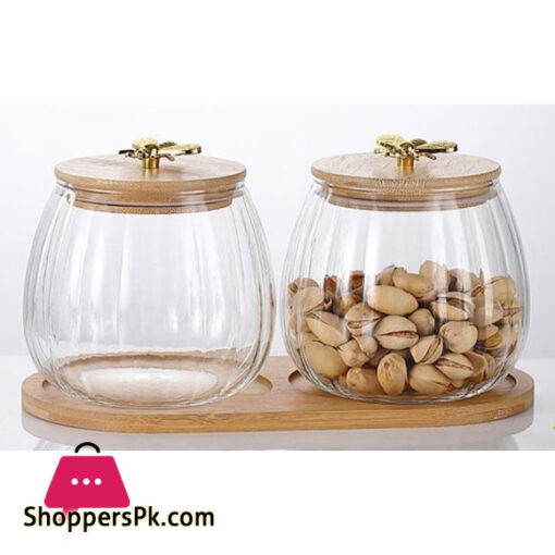 Glass Storage Jar with Wooden Lid & Tray Set of 2 Pcs Jar and 1-Pc Tray