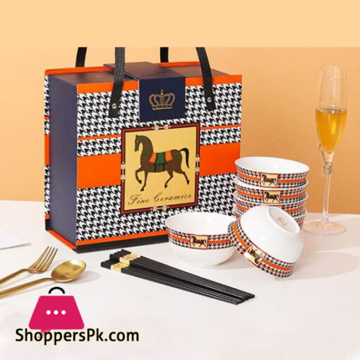 Horse Motif Luxurious Ceramic Bowl with Chopsticks Gift Box