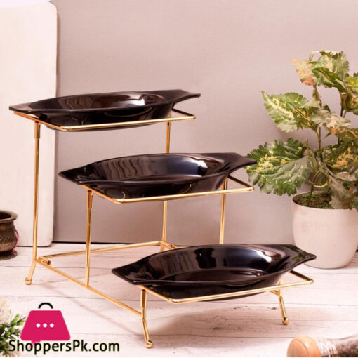 KING 3Pcs Black Melamine Serving Bowls Set Medium With Golden Stand KT09