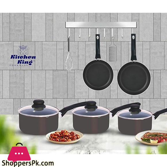 Kitchen King 8 Pieces Essentials Pots And Pans Cookware Set With Lids Non Stick Frying Pans PFOA Free (Black)