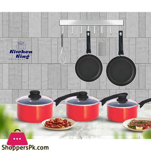 Kitchen King 8 Pieces Essentials Pots And Pans Cookware Set With Lids Non Stick Frying Pans PFOA Free (Red)