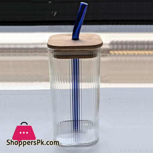 Round & Square Ribbed Juice Glass with Straw Lid 420Ml