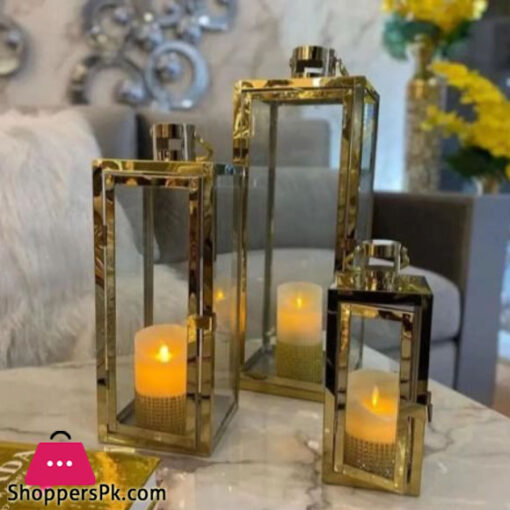 SHINY GOLD RECTANGULAR DESIGN CANDLE LAMP HOLDERS-3PCS SET SXG-006