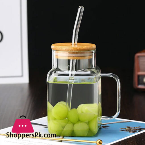 Square Glass Mug with Lid Straw Breakfast Milk Cup Microwave Safe Party Coffee Mug Beverage Container Glass 550ml