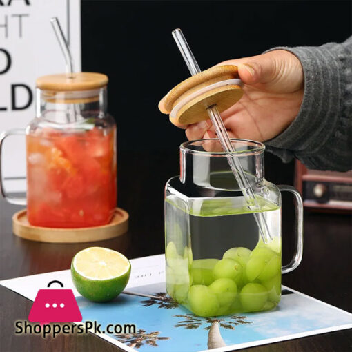 Square Glass Mug with Lid Straw Breakfast Milk Cup Microwave Safe Party Coffee Mug Beverage Container Glass 550ml