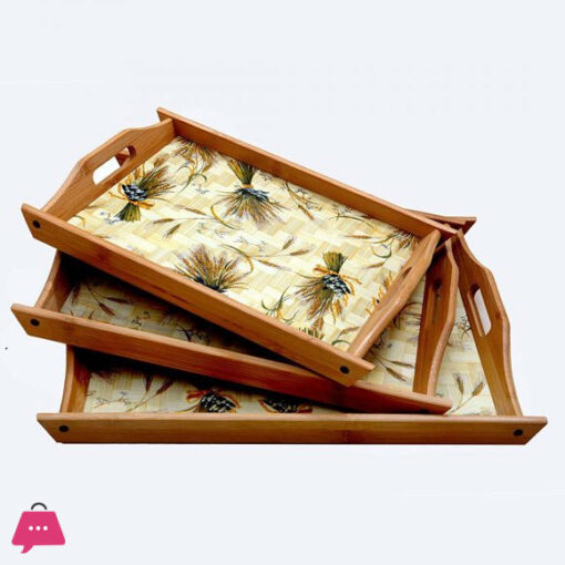 Wooden Bamboo Serving Tray With Handles & Printed Design 3Pcs Set