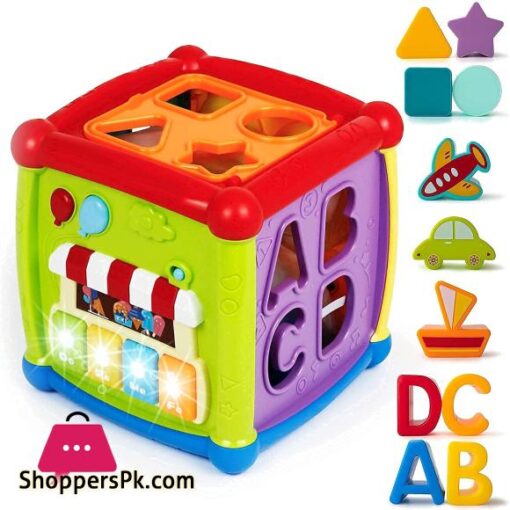 Baby Activity Cube 6 in 1 Musical Baby Learning Toys Play Set Includes A B C D Letters Colorful Shape Sorter Vehicles Puzzle 4 Piano Keys and More ASTM Certified Toddler Toys