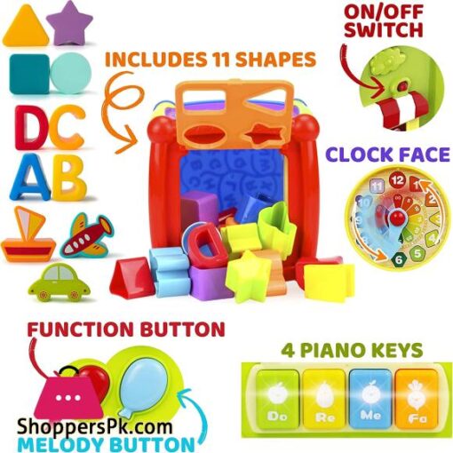 Baby Activity Cube 6 in 1 Musical Baby Learning Toys Play Set Includes A B C D Letters Colorful Shape Sorter Vehicles Puzzle 4 Piano Keys and More ASTM Certified Toddler Toys