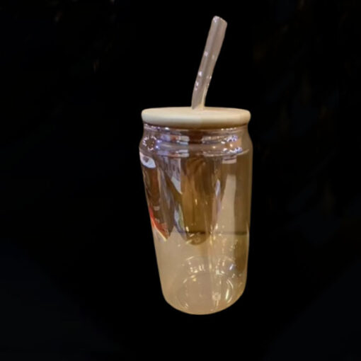 Ice Tea / Cold Coffee Clear Glass Tumbler With Bamboo Lid 470ml ( Golden , Charcoal, Transparent )