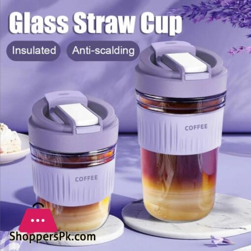 Portable Straw Coffee Cup Children Glass Glass Cup Anti-scald Sealed Drinking Water Bottle - 550ML