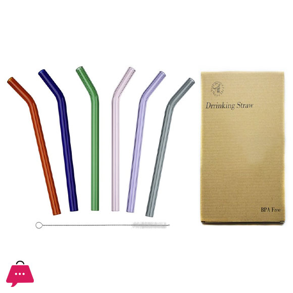 Reusable Glass Colorful Straw Set with Brush 7Pc Set