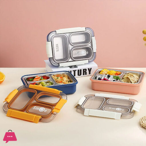 Stainless Steel 3 Compartment Lunch Box with Spoon & fork  Secure Lock & Leak-Proof