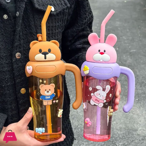 Travel Cartoon Rabbit Plastic Ice Coffee Tumbler Mug Bottle with Handle