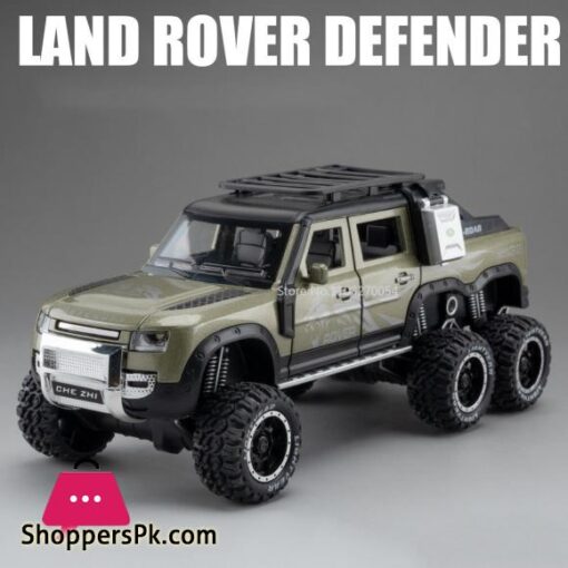 1/24 Land Rover Defender Car Model Pickup Truck 6x6 Toy Metal Body Rubber Tire Sound Light Pull Back