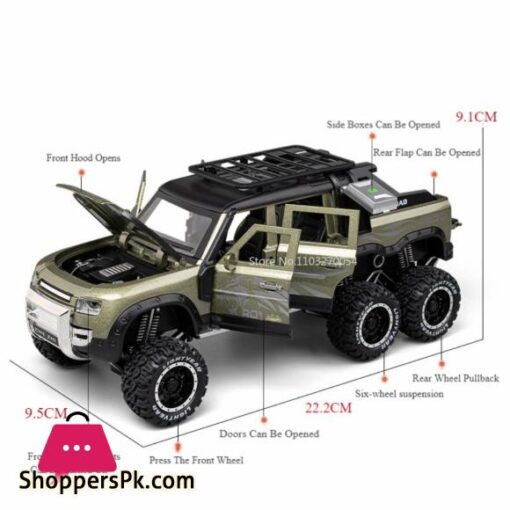 1/24 Land Rover Defender Car Model Pickup Truck 6x6 Toy Metal Body Rubber Tire Sound Light Pull Back