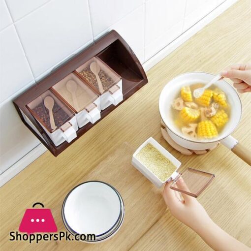 4 Grids Food Seasoning Box Container Kitchen Tools Wall Mounted Spice Boxes Salts Can Storage Bottle Seasoning Jar With Spoons