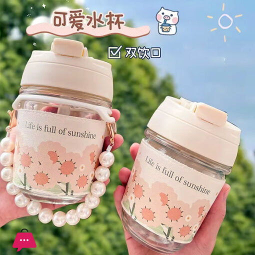 Cute Glass Water Cup Printed Pearl Bracelet Straw Cup Portable Water Cup Coffee