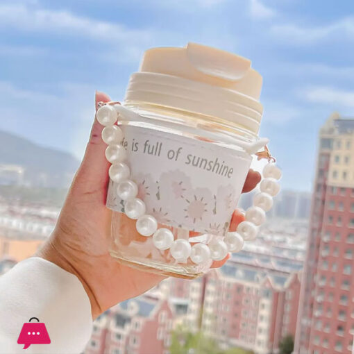 Cute Glass Water Cup Printed Pearl Bracelet Straw Cup Portable Water Cup Coffee